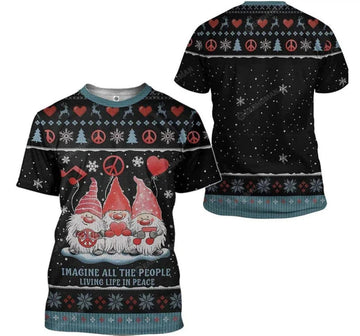 FUNSTUFFPRINT Personalized Gnome Christmas Imagine All The People Living Life In Peace Gnomes Christmas - 3D Printed T-shirt