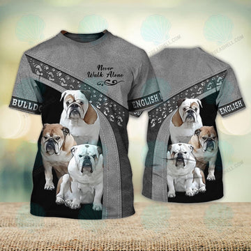 FUNSTUFFPRINT Three English Bulldog Love Never Walk Alone 3D Full Print T-Shirt, Christmas Dog Memorial Gifts for loss of Dog 3D T-shirt