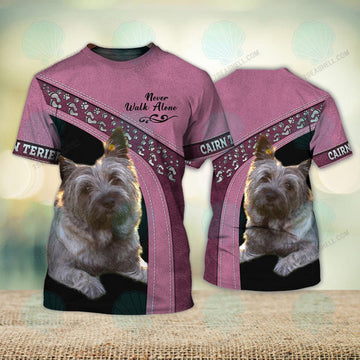 FUNSTUFFPRINT Cairn Terrier Pink Love Never Walk Alone 3D Full Print T-Shirt, Dog Memorial Gifts for loss of Dog, Christmas Shirt for Dog Lovers 3D T-shirt