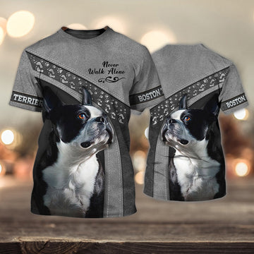 FUNSTUFFPRINT Boston Terrier Lover Never Walk Alone 3D Full Print T-Shirt, Dog Memorial Gifts for loss of Dog, Christmas Shirt for Dog Lovers 3D T-shirt