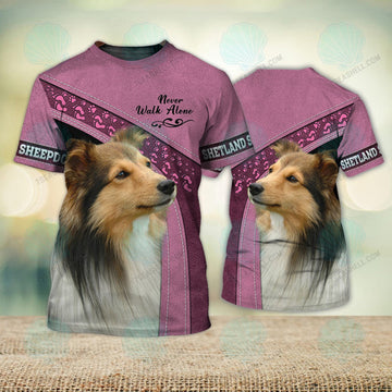 FUNSTUFFPRINT Shetland Sheepdogs Love Pink Never Walk Alone 3D Full Print T-Shirt, Christmas Dog Memorial Gifts for loss of Dog 3D T-shirt