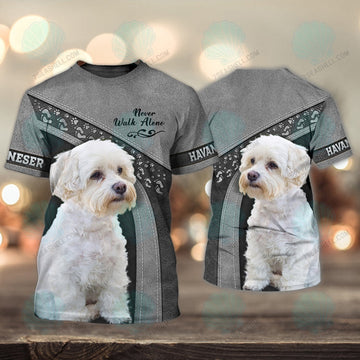 FUNSTUFFPRINT Havaneser Love White Never Walk Alone 3D Full Print T-Shirt, Christmas Dog Memorial Gifts for loss of Dog 3D T-shirt