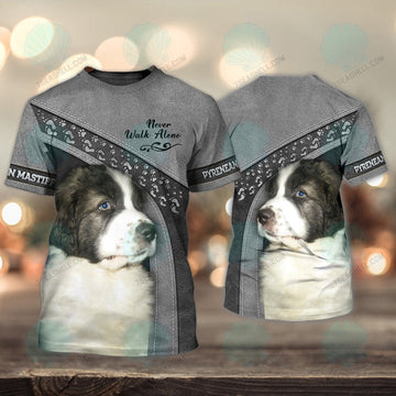 FUNSTUFFPRINT Pyrenean Mastiff Love Never Walk Alone 3D Full Print T-Shirt, Christmas Dog Memorial Gifts for loss of Dog 3D T-shirt