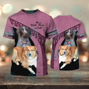 FUNSTUFFPRINT German Wirehaired Pointer And Austraienborder Never Walk Alone 3D Full Print T-Shirt, Christmas Dog Memorial Gifts for loss of Dog 3D T-shirt