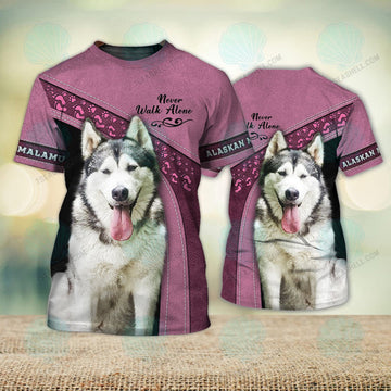 FUNSTUFFPRINT Alaskan Malamute Pink Never Walk Alone 3D Full Print T-Shirt, Christmas Dog Memorial Gifts for loss of Dog 3D T-shirt