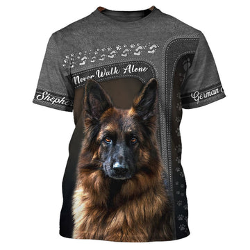 FUNSTUFFPRINT German Shepherd Lover Never Walk Alone 3D Full Print, Custom Memorial Apparel Shirts, Dog Memorial Gifts for loss of Dog 3D T-shirt