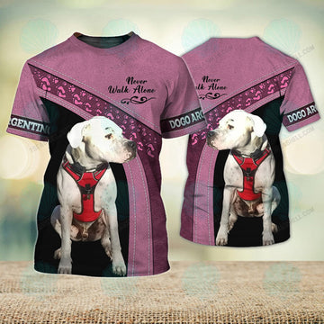 FUNSTUFFPRINT Argentine Dogo Love Pink Never Walk Alone 3D Full Print T-Shirt, Christmas Dog Memorial Gifts for loss of Dog 3D T-shirt