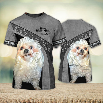 FUNSTUFFPRINT Bichon Frise Shitzu Love Never Walk Alone 3D Full Print T-Shirt, Dog Memorial Gifts for loss of Dog 3D T-shirt