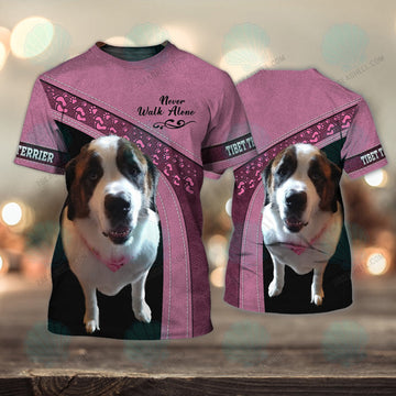 FUNSTUFFPRINT Saint Bernard Love Pink Never Walk Alone 3D Full Print T-Shirt, Christmas Dog Memorial Gifts for loss of Dog 3D T-shirt
