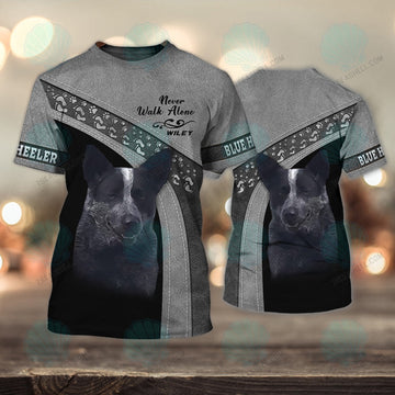 FUNSTUFFPRINT Blue heeler Love Never Walk Alone 3D Full Print T-Shirt, Christmas Dog Memorial Gifts for loss of Dog 3D T-shirt