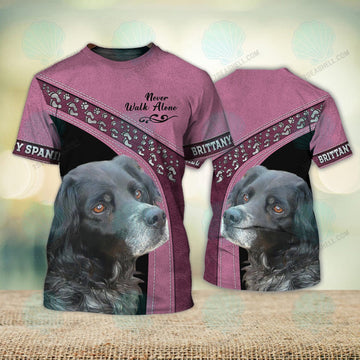 FUNSTUFFPRINT Brittany Spaniel Black Pink Love Never Walk Alone 3D Full Print T-Shirt, Dog Memorial Gifts for loss of Dog, Christmas Shirt for Dog Lovers 3D T-shirt