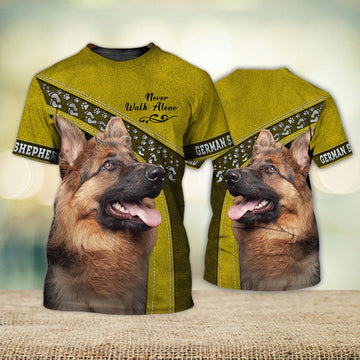 FUNSTUFFPRINT German Shepherd Love Never Walk Alone Yellow 3D Full Print T-Shirt, Shirt For Dog Lovers, Dog Memorial Gifts for loss of Dog 3D T-shirt