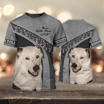 FUNSTUFFPRINT White Border Collie Never Walk Alone 3D Full Print T-Shirt , Shirt For Dog Lovers, Dog Memorial Gifts for loss of Dog 3D T-shirt