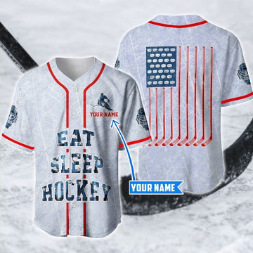 Custom Hockey Eat Sleep Flag Personalized Baseball Jersey, American Flag Hockey Shirt