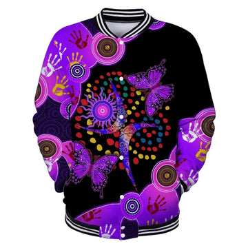 FUNSTUFFPRINT Aboriginal Naidoc Week 2021 Purple Butterflies Baseball Jacket For Men And Women 3D Baseball Jacket