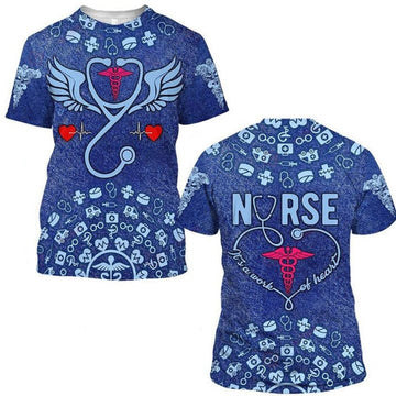 FUNSTUFFPRINT Personalized Nurse It's A Work of Heart T-Shirt, Earning Wing With Heart Beat Pattern, Perfect Nurse Apparel Gift Ideas 3D T-shirt