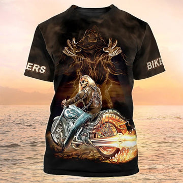 FUNSTUFFPRINT 3D All Over Print Motorcycle T-Shirt Biker Skull Shirt, Halloween Biker Gifts 3D T-shirt