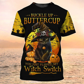 FUNSTUFFPRINT 3D Funny Witch Cat Halloween T-Shirt Halloween Tee Shirt, Flipped My Witch Switch 3D T-shirt