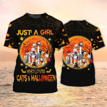 3D All Over Print Halloween Shirt Just A Girl Who Loves Cats And Halloween T-Shirt
