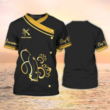 FUNSTUFFPRINT Dog Groomer Apparel Dog Grooming Custom T-Shirt Grooming Uniform Black & Gold 3D T-shirt