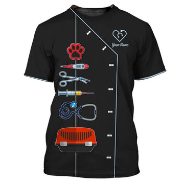 FUNSTUFFPRINT Black Pet Veterinarian Tool Uniform Personalized Name Veterinary 3D T-Shirt