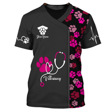 FUNSTUFFPRINT Black Pink Animal Veterinarian Uniform Personalized Name Paw Pattern 3D T-Shirt