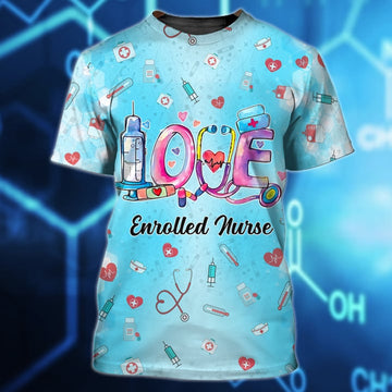 FUNSTUFFPRINT Personalized 3D Print Nursing Tools Pattern Nurse Shirt, Enrolled Nurse Love 3D Shirts 3D T-shirt
