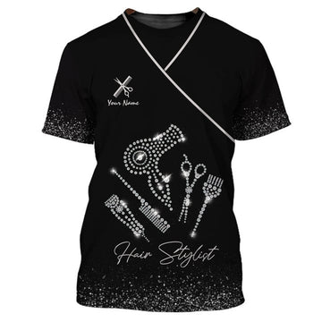 FUNSTUFFPRINT Silver Fashion Hair Stylist T-Shirt Salon Uniform Hairstylist Custom 3D T-shirt