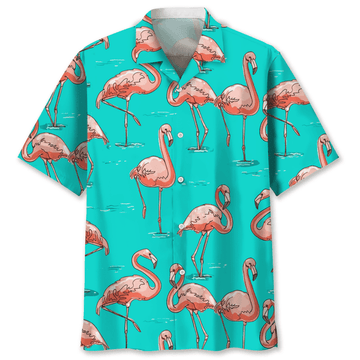 Flamingo Blue Hawaiian Shirt, Short Sleeve Summer Vacation Beach Shirts for men