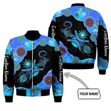 FUNSTUFFPRINT Custom name Aboriginal Naidoc Week Blue Turtle Lizard 3D Bomber Jacket