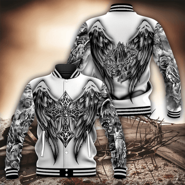 FUNSTUFFPRINT Inspirational Cross and Wings 3D Baseball Jacket
