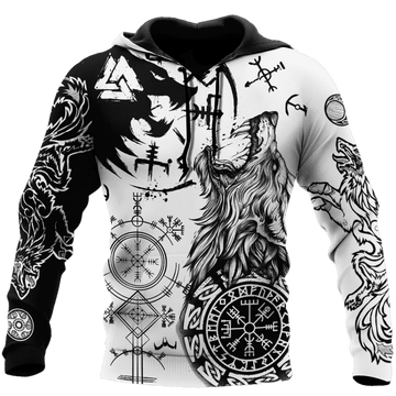 FUNSTUFFPRINT Viking Wolf Tattoo Valknut Vegvisir Black White D All Over 3D Hoodie and Zip Hoodie