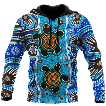 FUNSTUFFPRINT Aboriginal Indigenous Turtle Blue Hand Dot Naidoc Week Unisex 3D Hoodie and Zip Hoodie