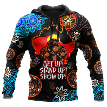 FUNSTUFFPRINT Aboriginal Indigenous Naidoc Week Get Up Stand Up Show Up Blue Sun Map 3D Hoodie and Zip Hoodie