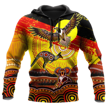 FUNSTUFFPRINT Aboriginal Naidoc Week Indigenous Flag Distressed Sun Eagle Kangaroo Koala Unisex 3D Hoodie and Zip Hoodie