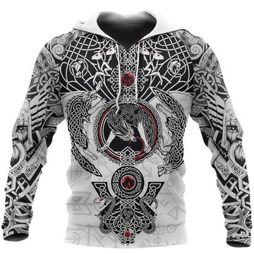 FUNSTUFFPRINT -Vikings Fenrir Skoll And Hati Valknut White 3D Hoodie and Zip Hoodie