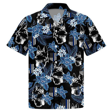 Thin Blue Line Hawaiian Shirt German Shepherd Police Seamless Pattern Hawaiian Shirt, Hawaiian Shirt For Men