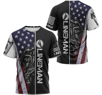 FUNSTUFFPRINT Personalized T-Shirt, Hoodie - Lineman American Us Flag 3D T-shirt