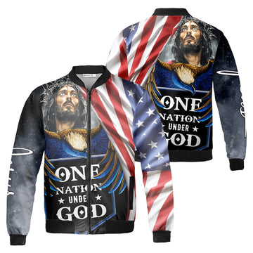 One Nation Under God Eagle America Flag Jesus Fleece Bomber Jacket AOP Zip-up Gift for Christians