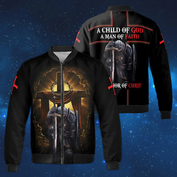 Jesus's Lion Templar Knight Child Of God Wooden Cross Crowd Of Thorn Fleece Bomber Jacket