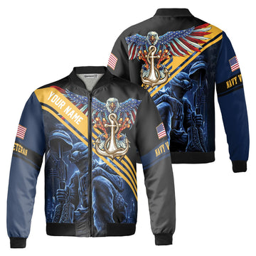 Custom Personalized Eagle Honor The Fallen Navy Veteran Fleece Bomber Jacket