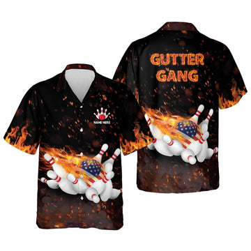 Custom Personalized Name Flame Bowling Gutter Gang Hawaiian Shirt , Gift for Bowler, Flag Shirt