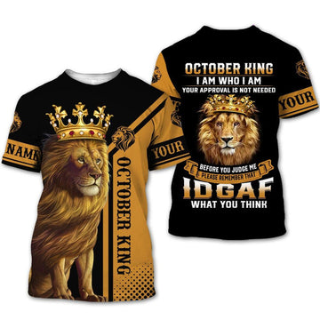 FUNSTUFFPRINT Personalized Name Birthday Outfit October Guy Lion King Yellow Birthday Shirt For Men 3D T-shirt