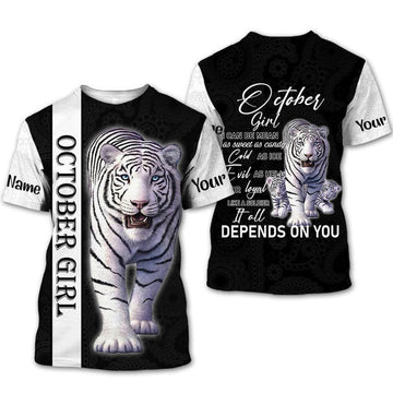 FUNSTUFFPRINT Personalized Name Birthday Outfit October Girl Tiger White Love Style Birthday Shirt For Women 3D T-shirt