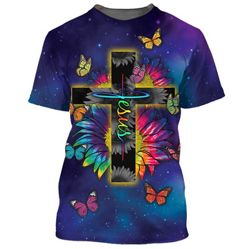 FUNSTUFFPRINT 3D Colorful Jesus T-Shirt Butterfly Sunflower Pattern On Shirts 3D T-shirt