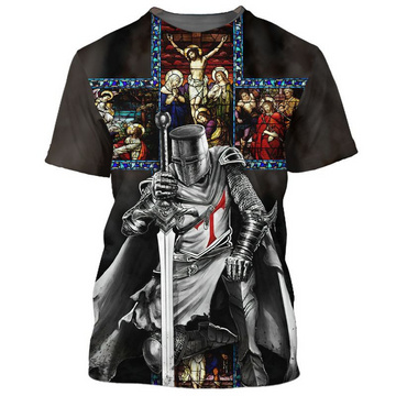 FUNSTUFFPRINT Knight Templar Warrior Knee Before Jesus Tee Shirt 3D Sublimation God On Shirts 3D T-shirt