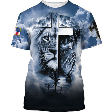 FUNSTUFFPRINT Christian Jesus And Lion T-Shirt Strong American Believe In God Shirts 3D T-shirt