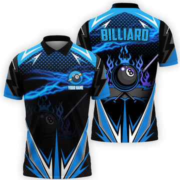 Custom 3D All Over Print Billiard Blue Fire Polo Shirt, Thunder Sport Billiard Shirt, Gift for Him