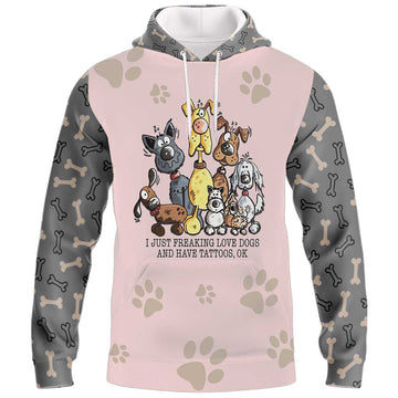 FUNSTUFFPRINT I Just Freaking Love Dogs And Have Tattoos 3D Hoodie and Zip Hoodie