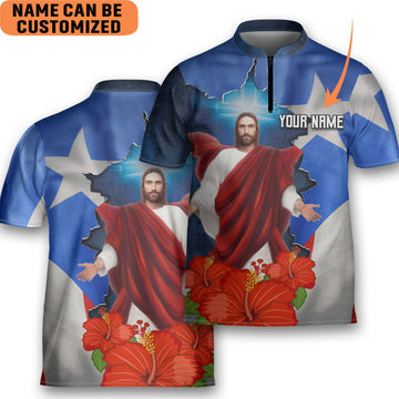 Customize Name God Love Puerto Rico Men And Women Zipper Polo Bowling Jersey